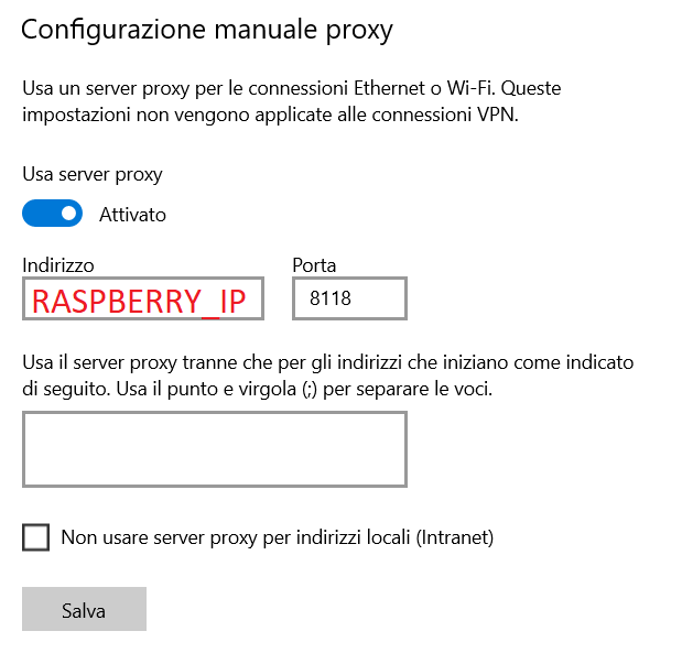 Configurazione proxy Windows